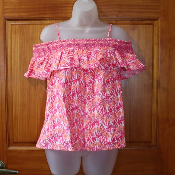 Vineyard Vines Tops - Vineyard Vines Pink & White Tropical Print Off Shoulder Tank Top Ruffle LG